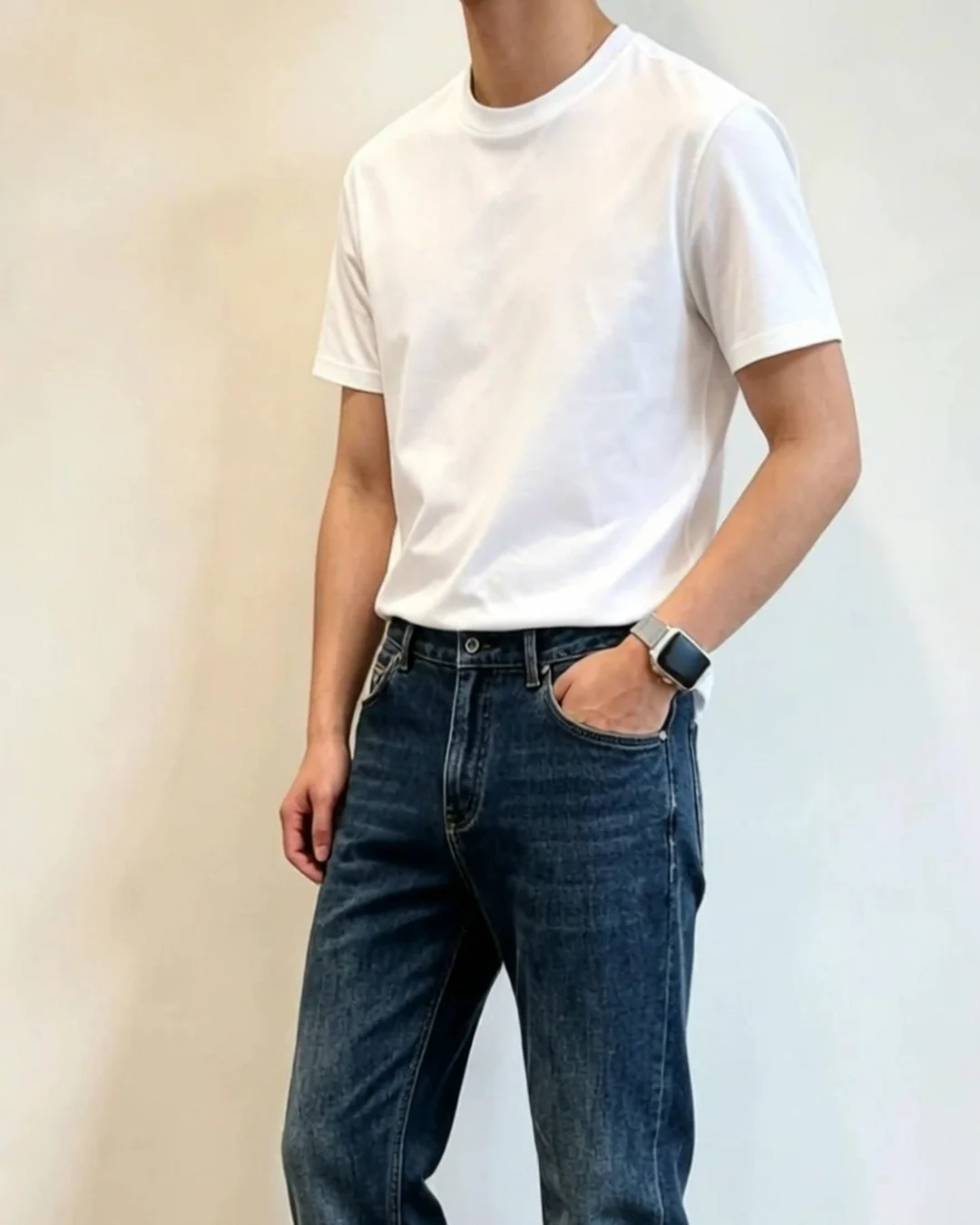 Nam mặc áo thun trắng MỘC phom regular fit với quần jeans xanh